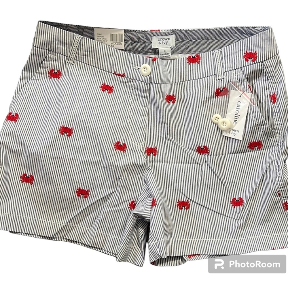 Crown & Ivy Women's Striped Shorts with Red Crab Design